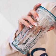 VSM可口可乐联名玻璃杯吸管梅森杯复古雕花纹带盖水杯大容量杯子
