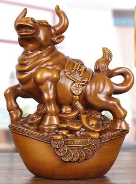 实木雕牛招财饰品，生肖牛客厅，高端办公室老板办公桌装饰工艺品