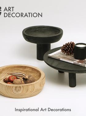 中古侘寂黑色碳化原木托盘果盘样板间别墅厨房玄关软装饰品摆件