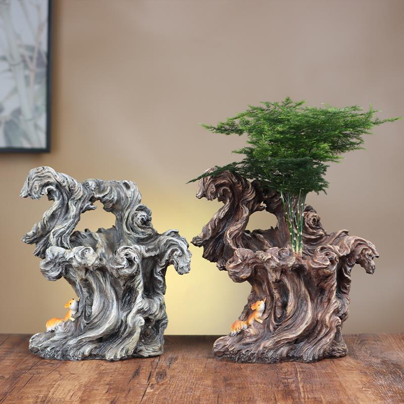 创意微景观造景植物树脂仿树桩花盆树根桌面装饰摆件绿植盆栽室内