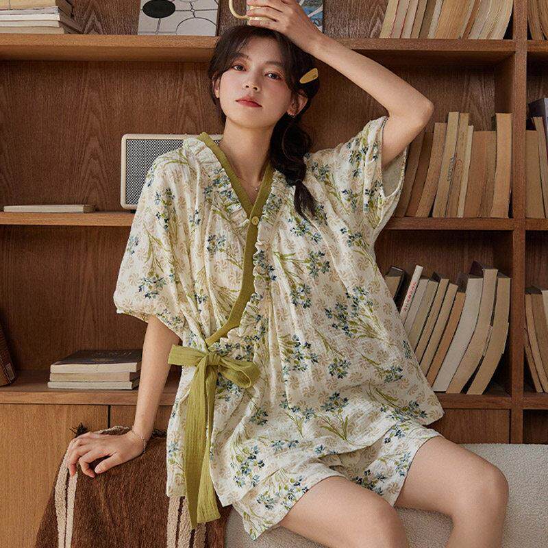 晚眠带胸垫睡衣女款夏季短袖2025汗蒸服和服日系家居服两件套装