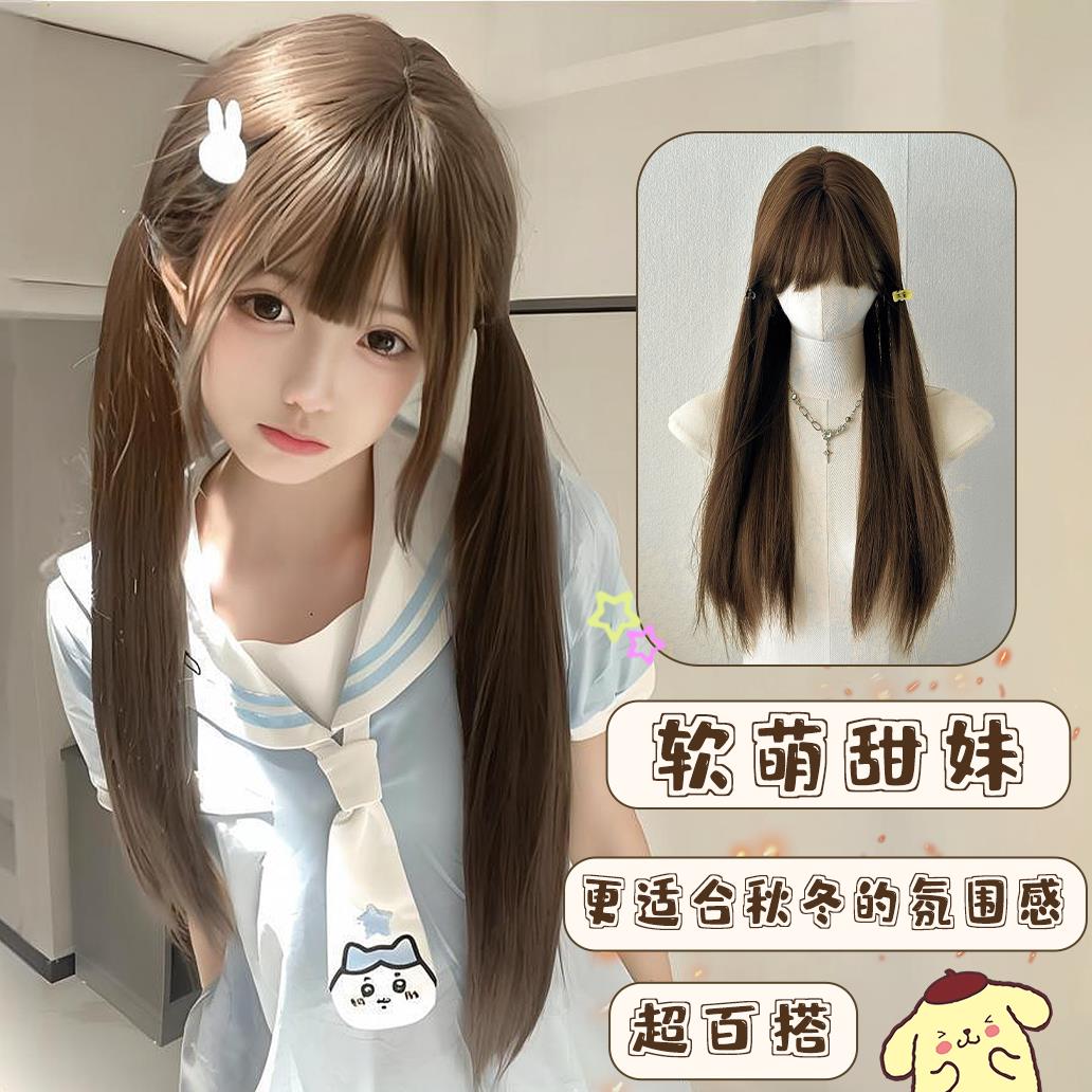 假发lolita黑长直日常洛丽塔jk双马尾齐刘海全头套女萌妹少萝直发