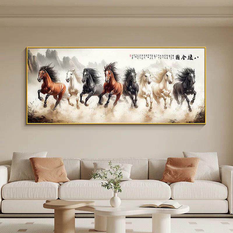 八骏全图客厅沙发背景挂画办公室马到成功装饰画高端大尺寸骏马图