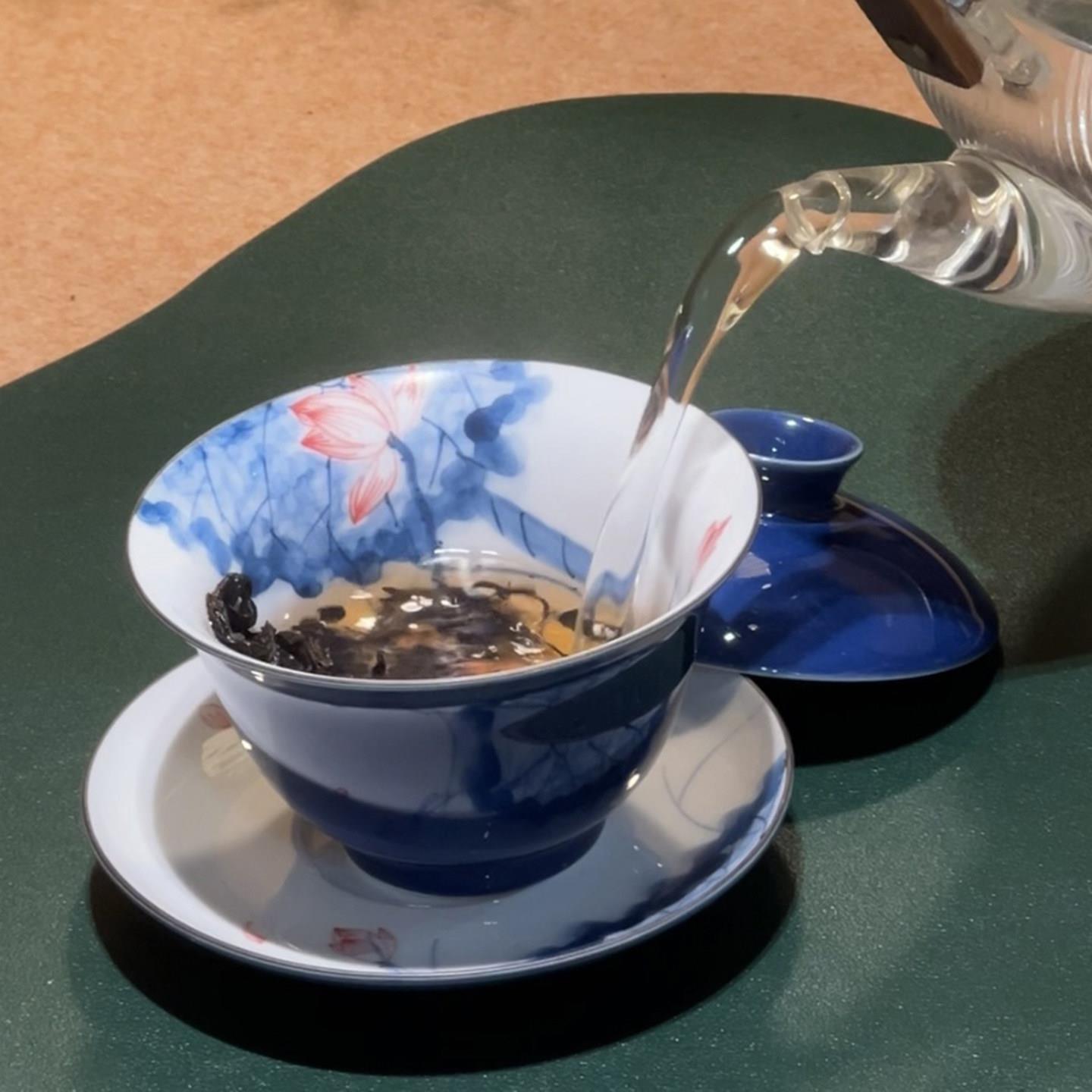 景德镇手绘茶碗盖碗茶杯大号霁蓝三才盖碗功夫茶具陶瓷泡茶碗盖碗