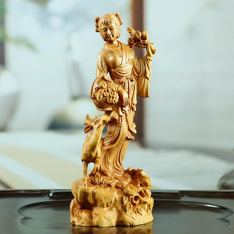 黄杨木雕木质摆件家居雕刻饰品祝寿工艺礼品文玩美女人物麻姑献寿