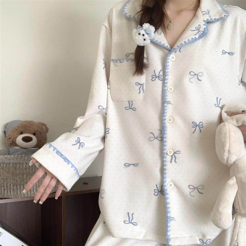 大码冬天蝴蝶结波点加厚保暖德绒睡衣女秋冬季甜美家居服套装冬季