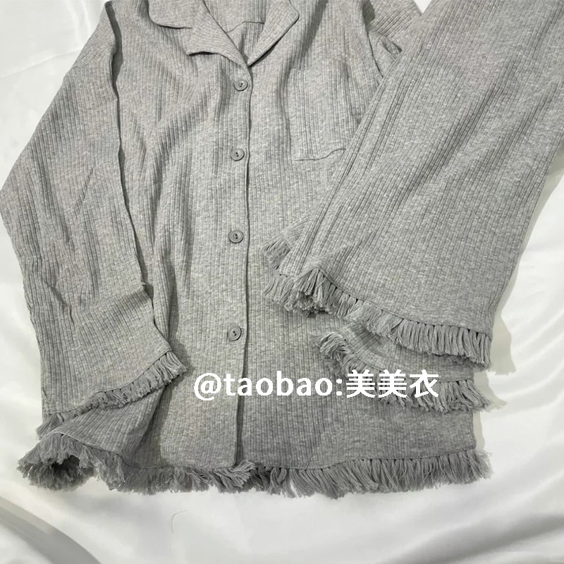 2025新款韩版情侣纯色睡衣女春秋长袖简约流苏高级感男家居服套装
