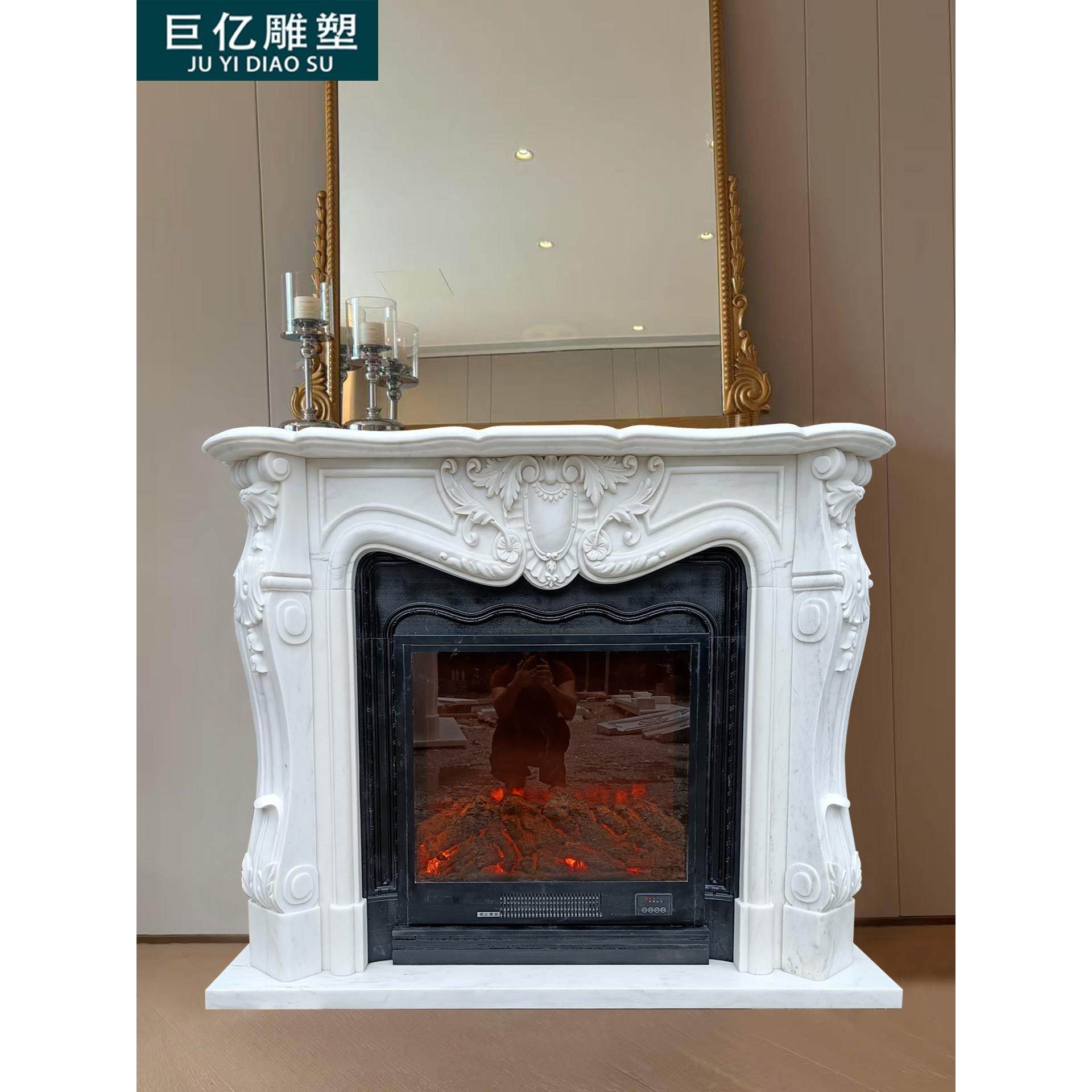 石雕大理石壁炉天然汉白玉大花白石材壁炉法式现代客厅装饰柜摆件