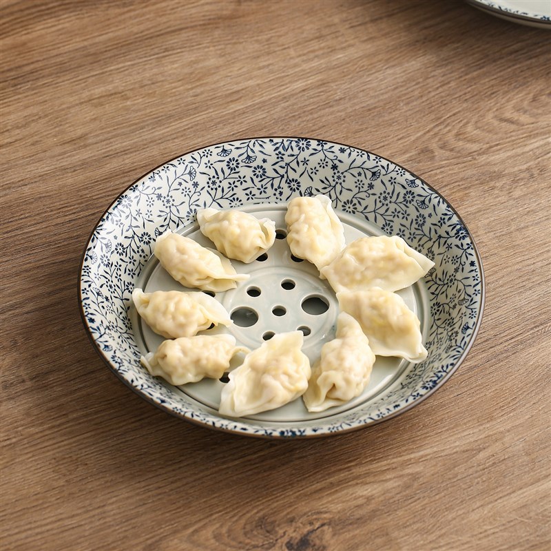 【古色古香】陶瓷饺子盘大号沥水双层干捞水饺盘子家用蒸格盘多用