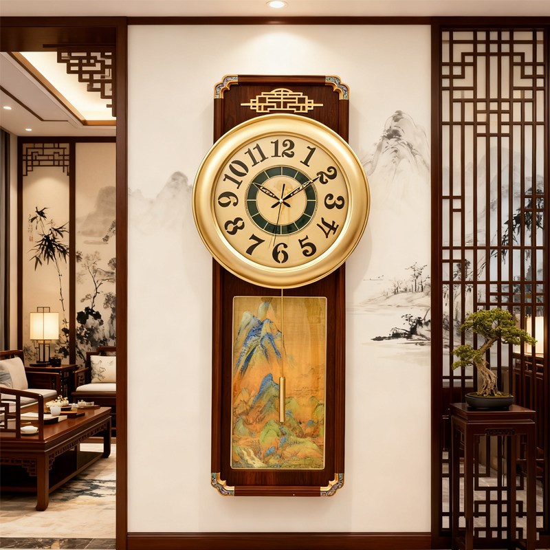 中式实木挂钟客厅装饰画钟石英机芯家用时钟中国风挂墙表图片