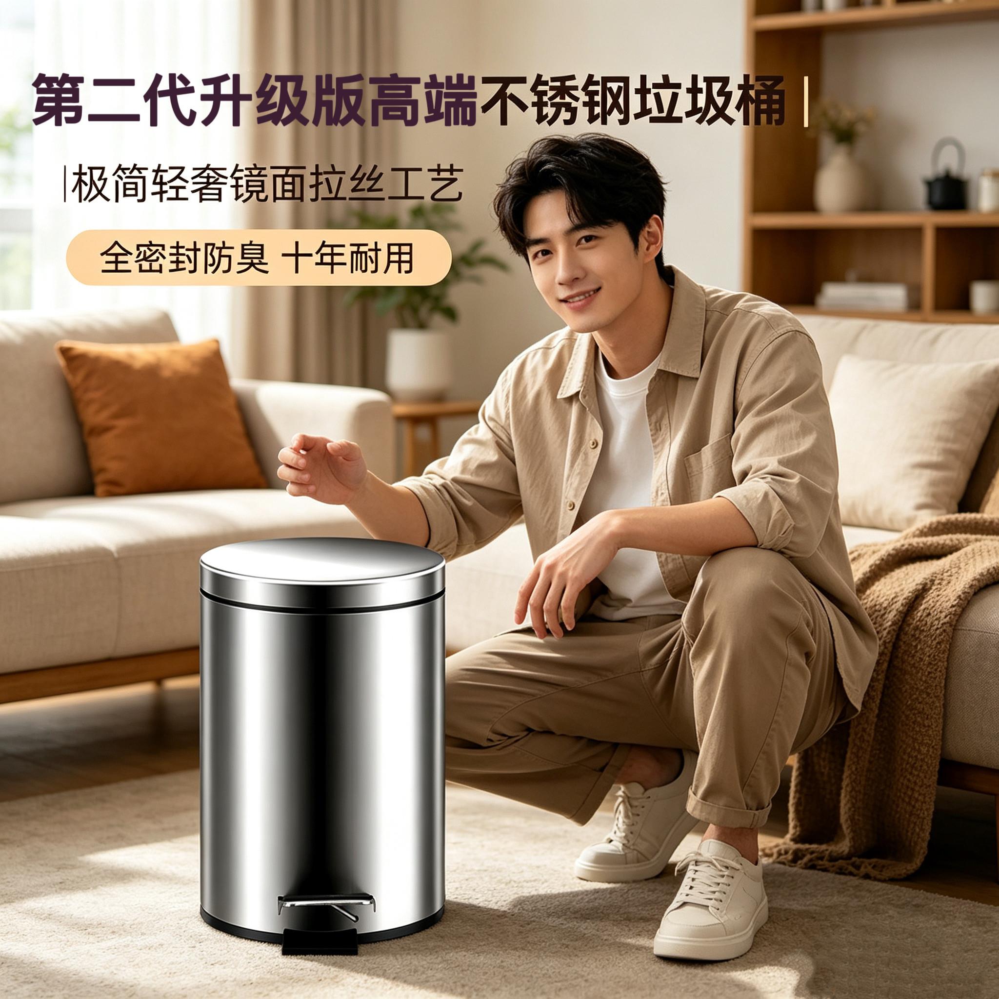 不锈钢翻盖垃圾桶家用卫生间厕所厨房脚踏踩式圆形静音垃圾桶