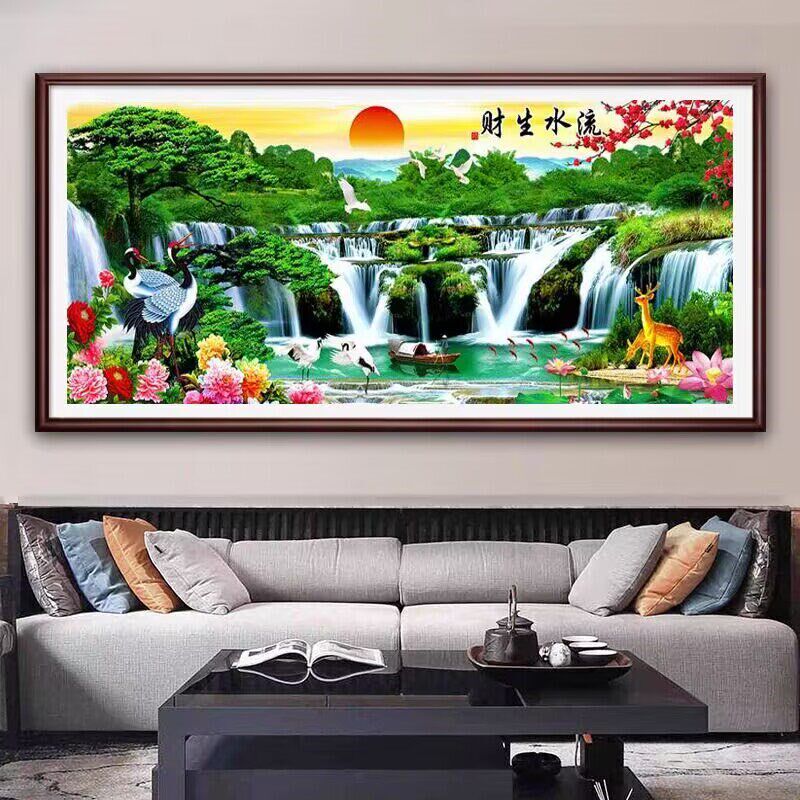 新款流水生财钻石画自粘画DIY贴钻画迎客松客厅山水画风景装饰画