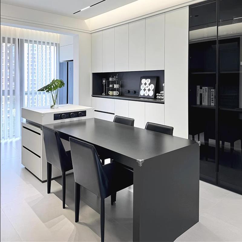 岩板岛台伸缩餐桌一体家用定制黑白极简厨房高级感中岛台餐桌导台
