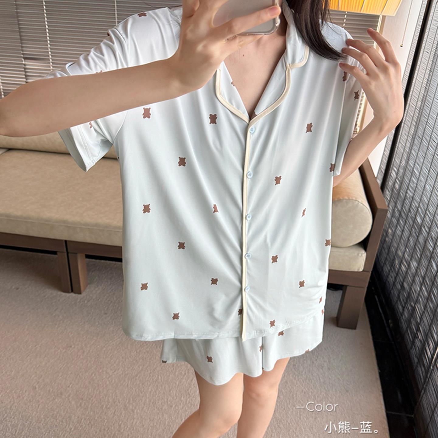 夏天凉感女款冰丝睡衣套装带胸垫短袖短裤印花格子开衫出门家居服