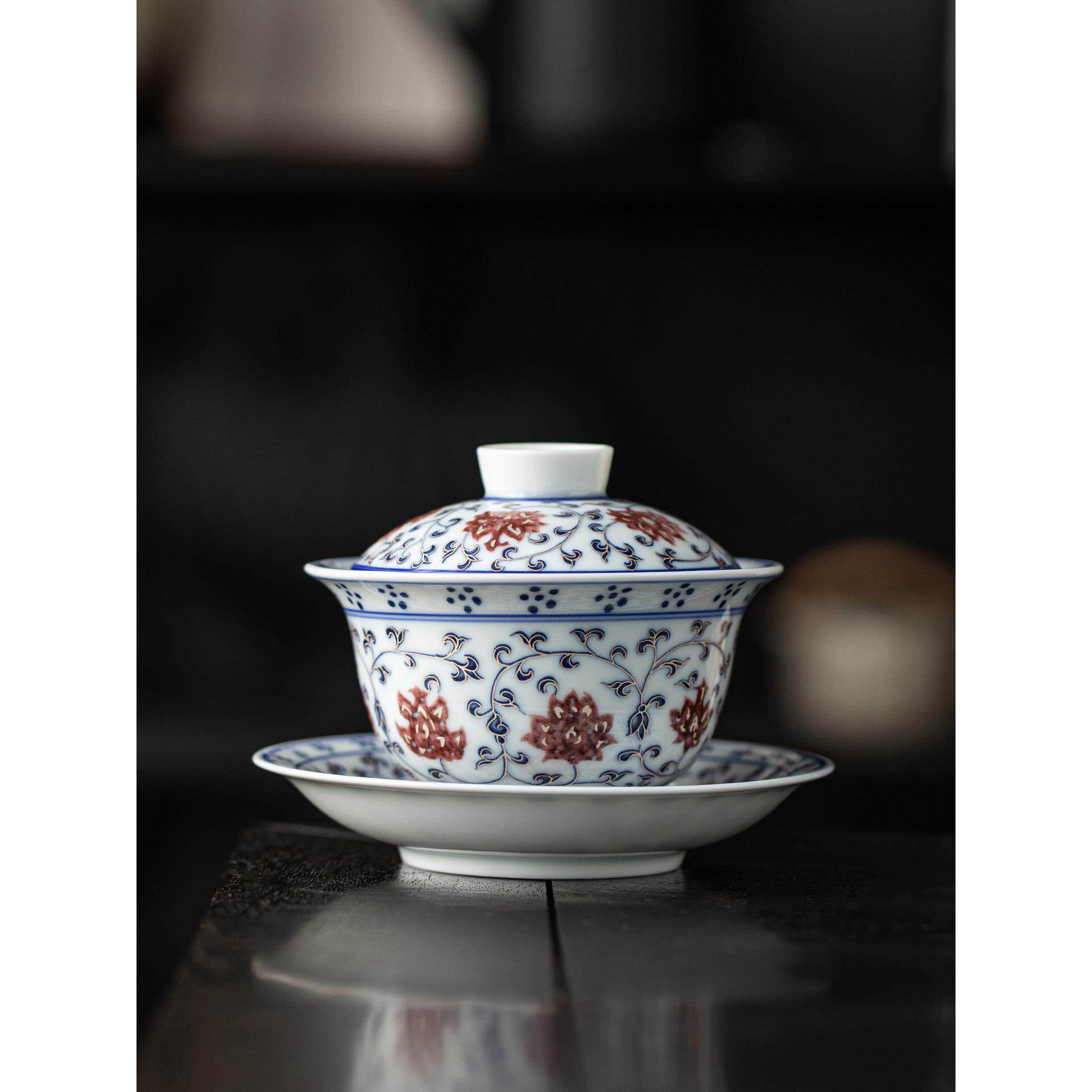 描银青花釉里红三才盖碗茶杯陶瓷泡茶碗单个中国风茶具功夫茶具