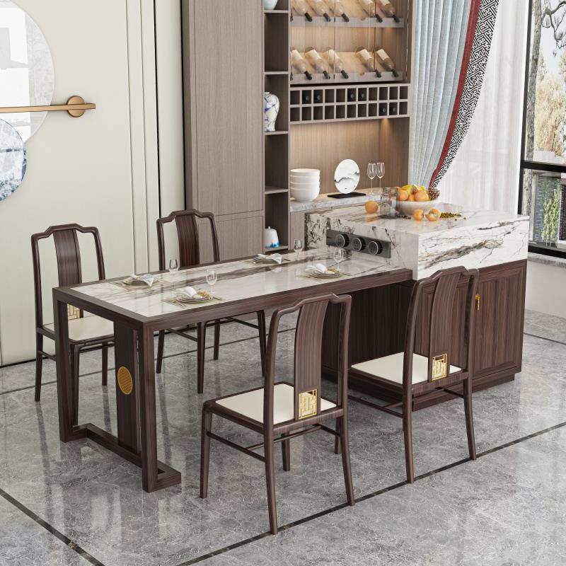 新中式极简岛台餐桌一体家用可伸缩乌金木大小户型岩板中古风定制