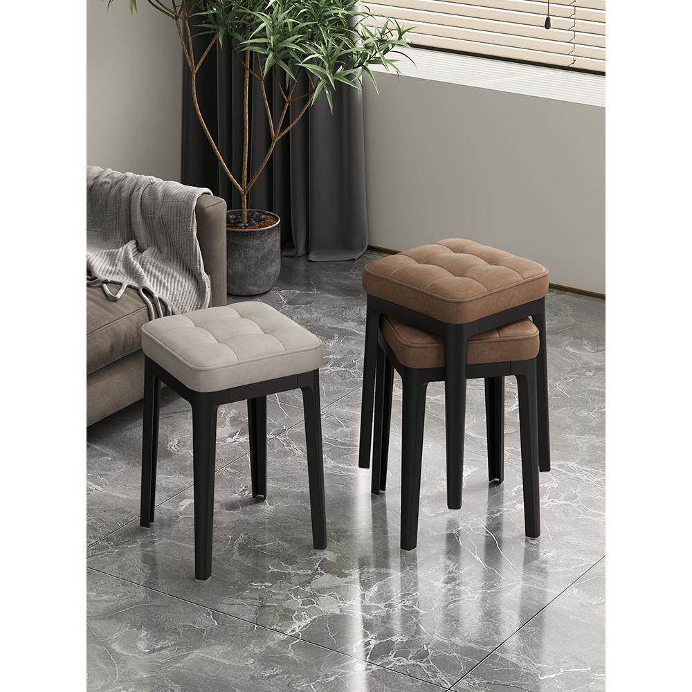 塑料软包凳子家用可叠放加厚轻奢高级感圆胶凳餐桌客厅备用高椅子