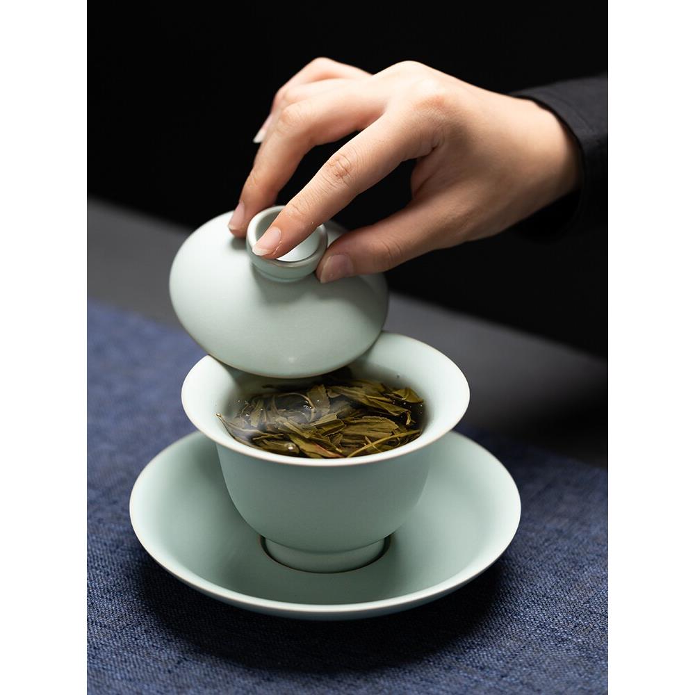 言致汝窑盖碗茶杯开片大号高端汝瓷三才泡茶碗家用陶瓷冰裂釉天青