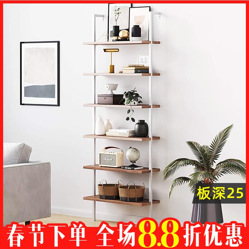 铁艺落地置物架家用客厅装饰收纳层架墙上多层松木书架北欧花架展