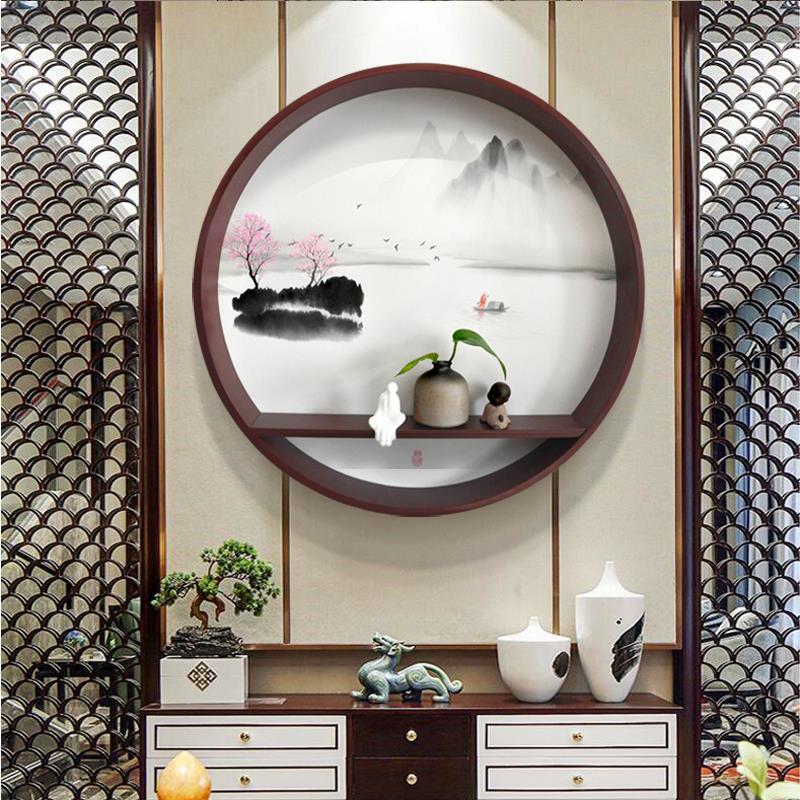 实木圆形禅意装饰画新中式客厅入户玄关挂画餐厅茶室日式水墨壁画图片