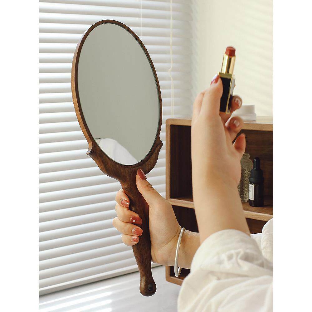 复古化妆镜黑胡桃木公主安娜苏手持便携随身美妆镜卧室实木梳妆镜