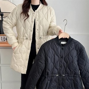 保暖棉袄胖mm中长款 冬季 新款 大码 葫芦格压线收腰抽绳棉衣外套 女装