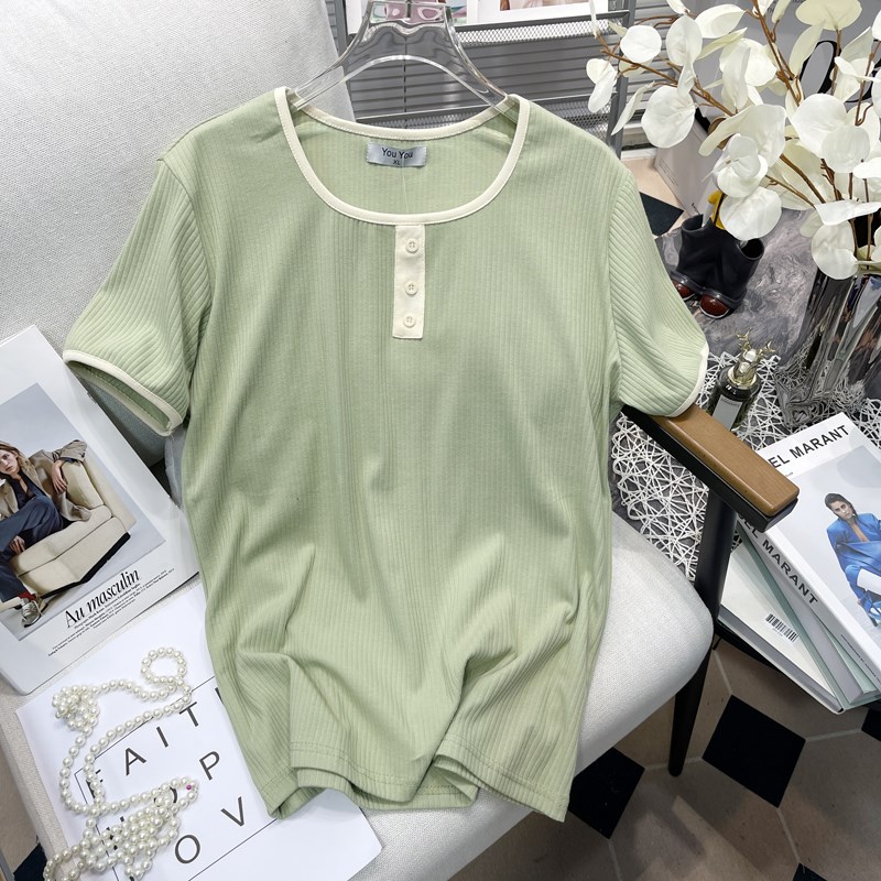 胡子叔大码法式方领短袖Tu恤女胖mm宽松显瘦坑条螺纹减龄体恤上衣