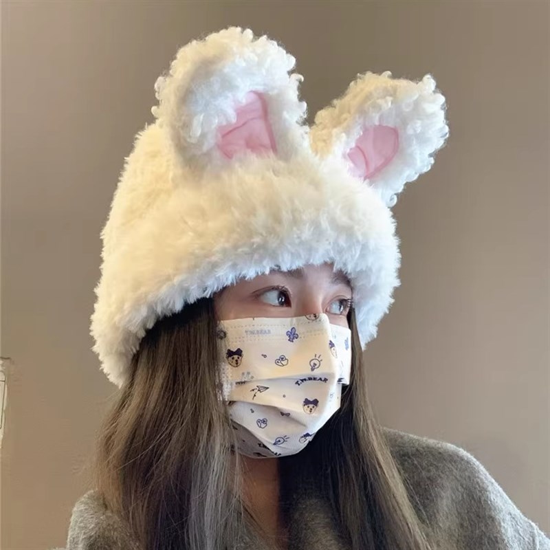 韩国可爱毛绒兔耳朵帽p子女秋冬保暖针织帽护耳显脸小冷帽包头帽