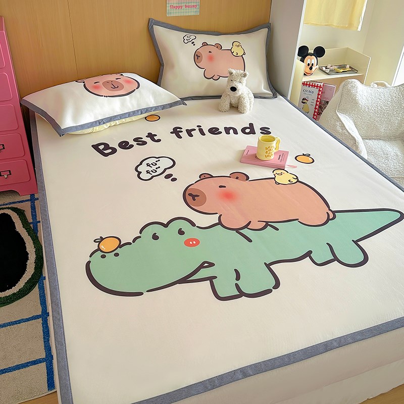 夏季卡通大版冰丝席三件套床罩空调软凉席学生宿舍床单双人可折叠