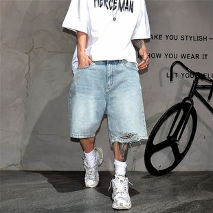 宽松直筒中裤 男简约通勤百搭五分裤 街头复古水洗破洞牛仔短裤 美式