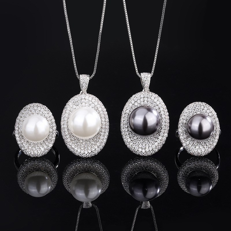 新款设计奢华气质百搭镶嵌贝母珍珠韩版时尚简约戒指项链两件套装