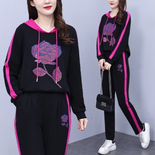 新款 2024春季 时尚 妈妈款 子两件套 大码 宽松显瘦连帽运动卫衣裤 女装