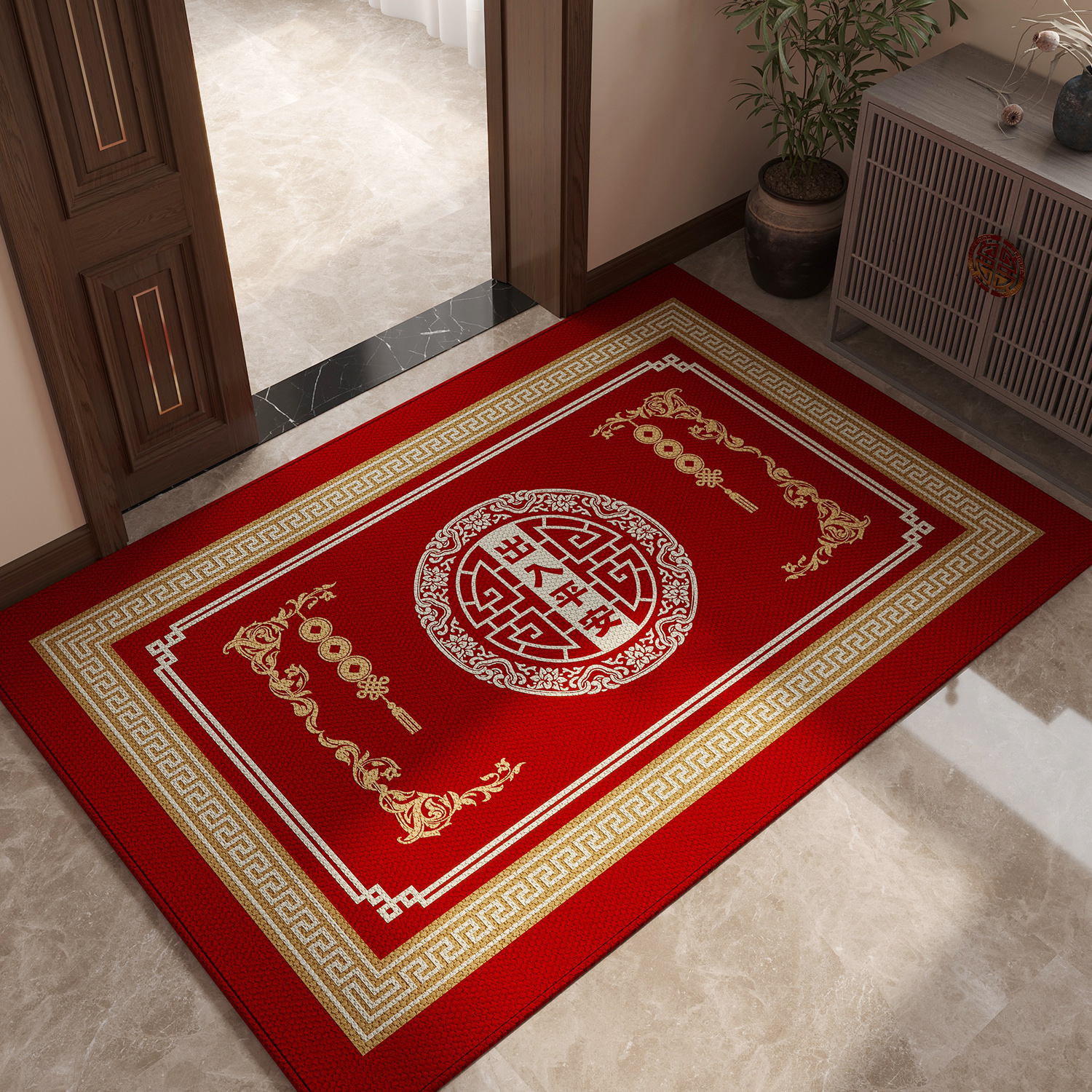 中式进门地垫入户门垫2024款新家用红地毯防滑大门口玄关脚垫喜庆