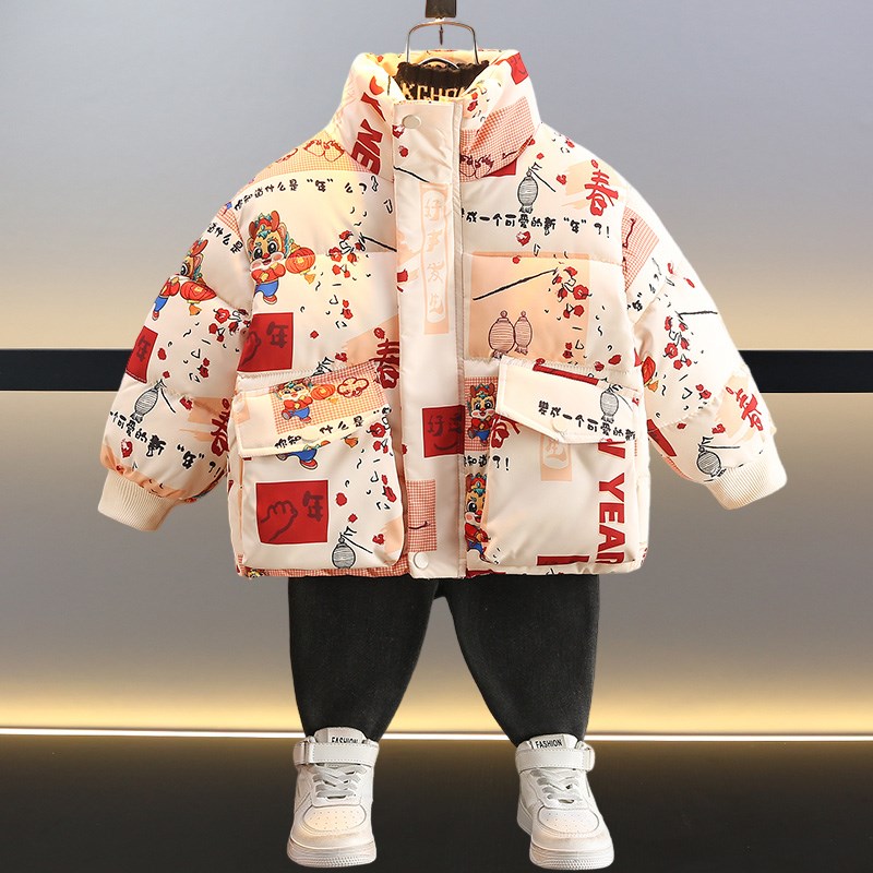 儿童新年棉服冬季加绒加厚2024龙年男宝外套女童男童过Z年喜庆衣