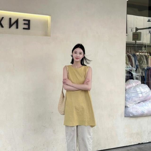 极简主义小众慵懒风棉麻无袖背心夏季宽松休闲小个子洋气阔腿裤子
