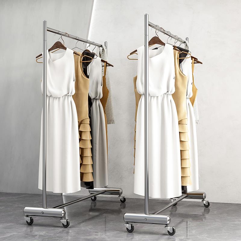 加粗不锈钢凉衣架落地卧室衣服挂衣收纳架客厅移动晒衣帽架带滑轮