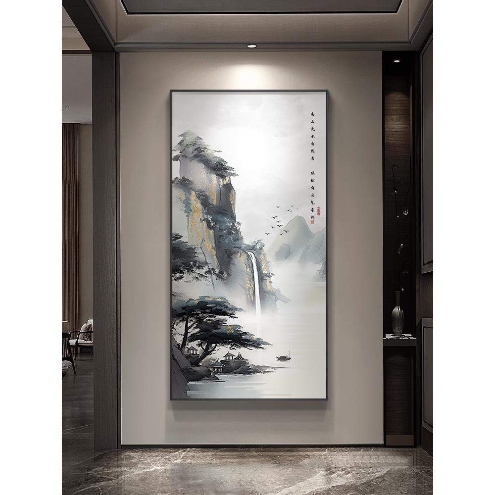 新中式入户玄关装饰画流水生财挂画高档大气山水画楼梯间竖款壁画图片