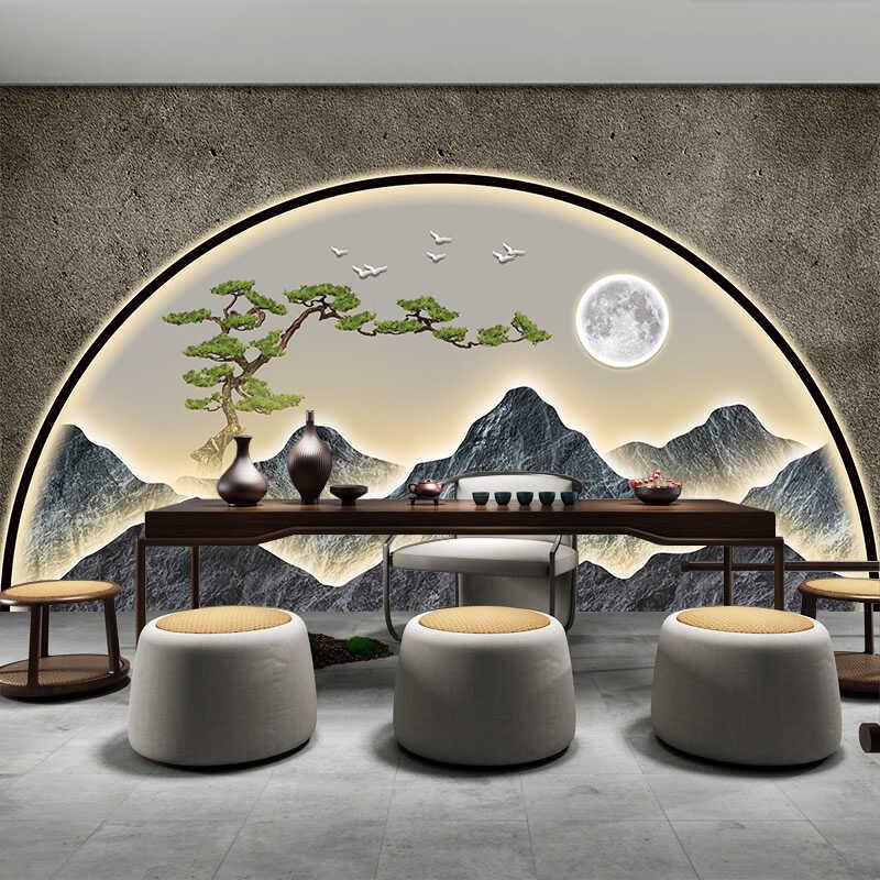 新中式大气山水墙纸客厅沙发电视背景墙布庭院茶室装饰壁画3D立体