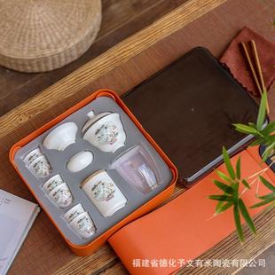 阳春白雪一壶六杯盖碗旅行茶具套装 功夫茶具 陶瓷便携式 快客杯中式