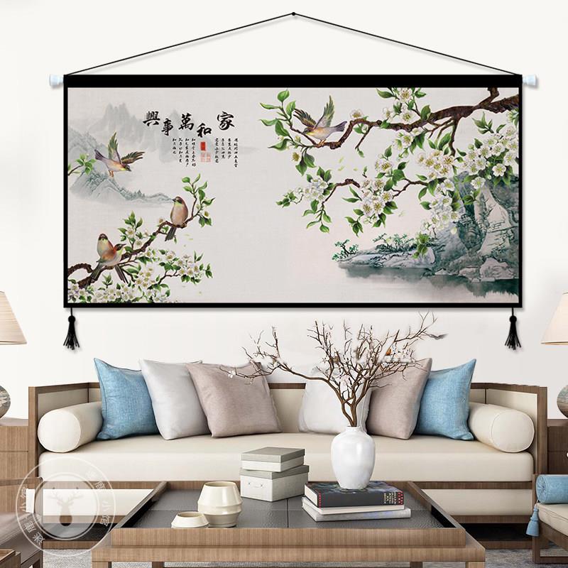 新中式工笔花鸟装饰画书房客厅壁画中国风挂画布艺背景墙挂布挂毯