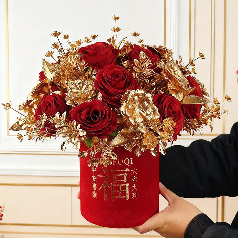 桌花假花新年福桶仿真花结婚摆放喜庆装饰搬家乔迁之喜客厅摆件