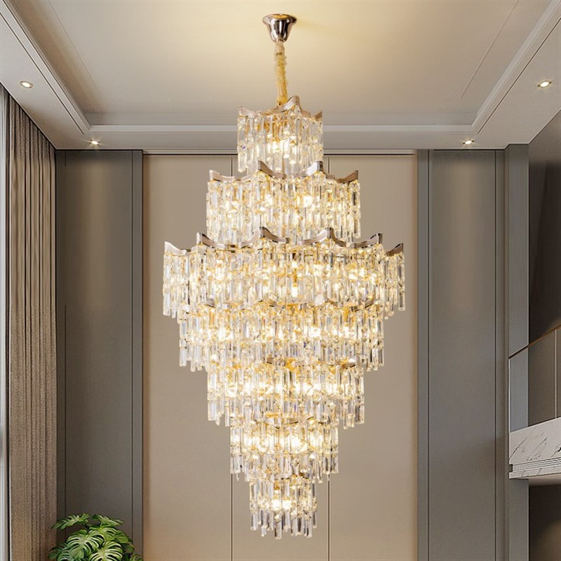 复式楼别墅客厅大吊灯简约楼中楼酒C店轻奢水晶中空旋转楼梯长吊