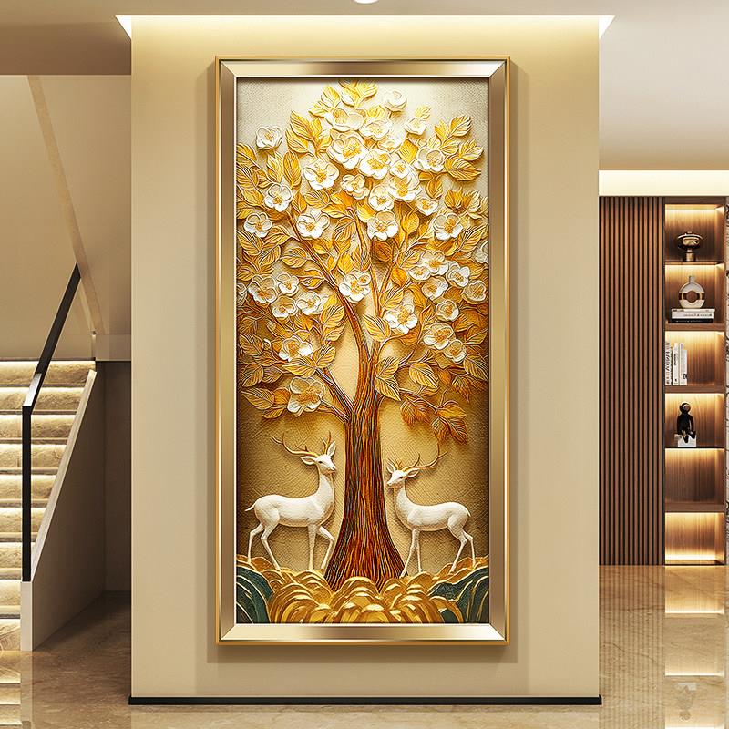 轻奢发财树玄关装饰画浮雕麋鹿走廊尽头挂画3D立体感入户带灯壁画