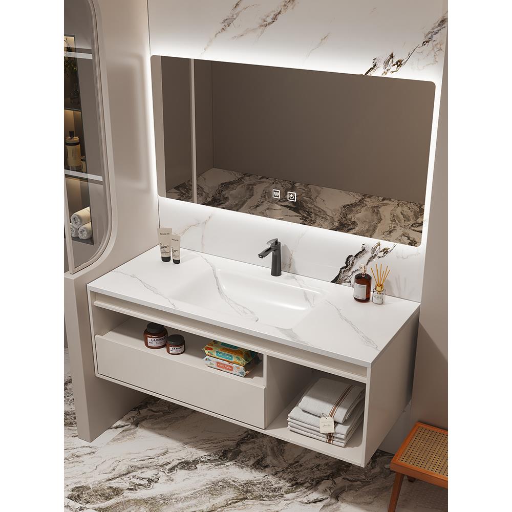 奶油风岩板热弯盆浴室柜组合卫生间一体洗脸盆洗手池洗漱盆柜套装