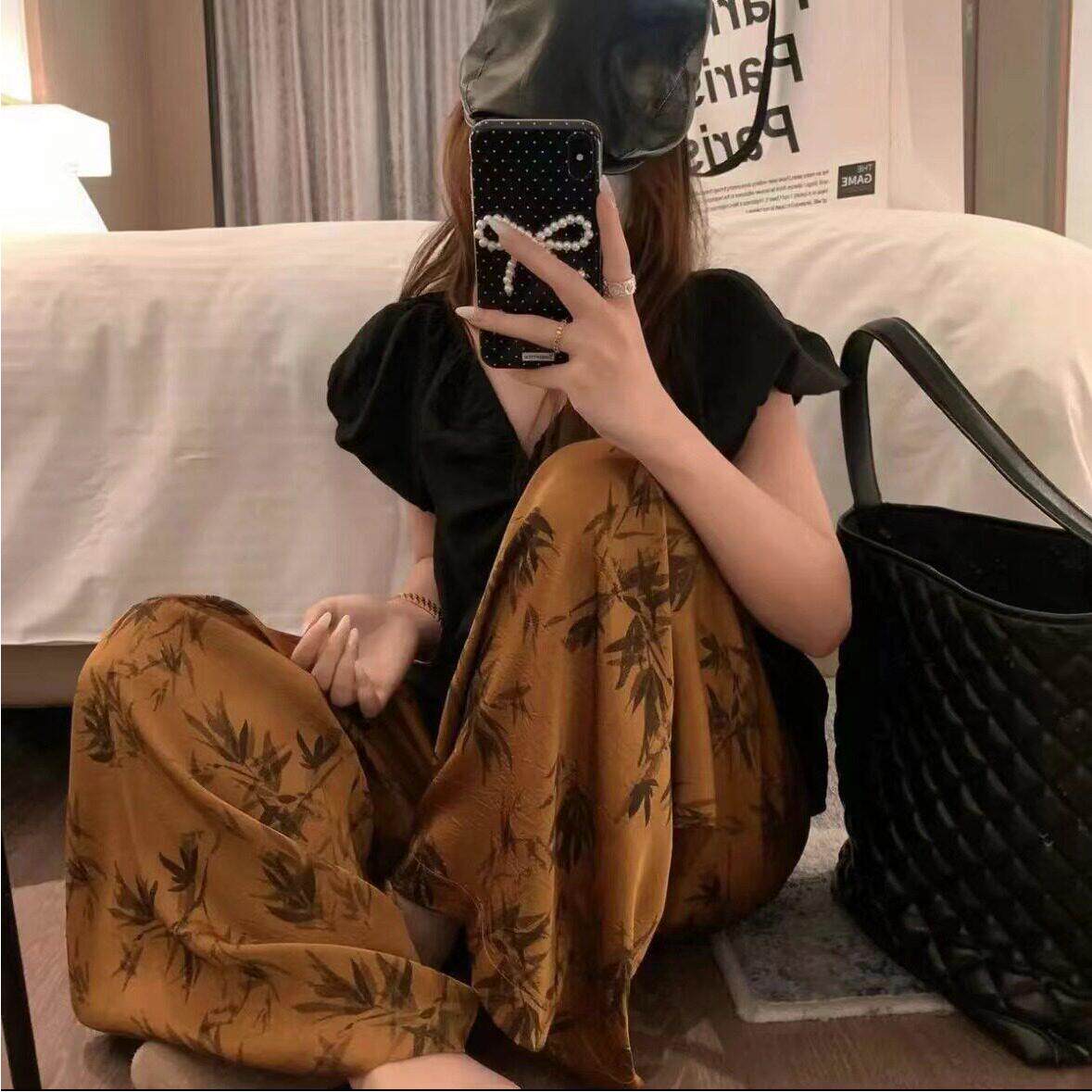 女夏季棉绸花裤薄款阔腿裤家居运动简约可外穿人造棉薄款九分裤