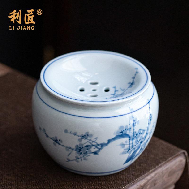 彷古青花陶瓷茶洗 建水带盖茶渣缸 中式复古茶道配件