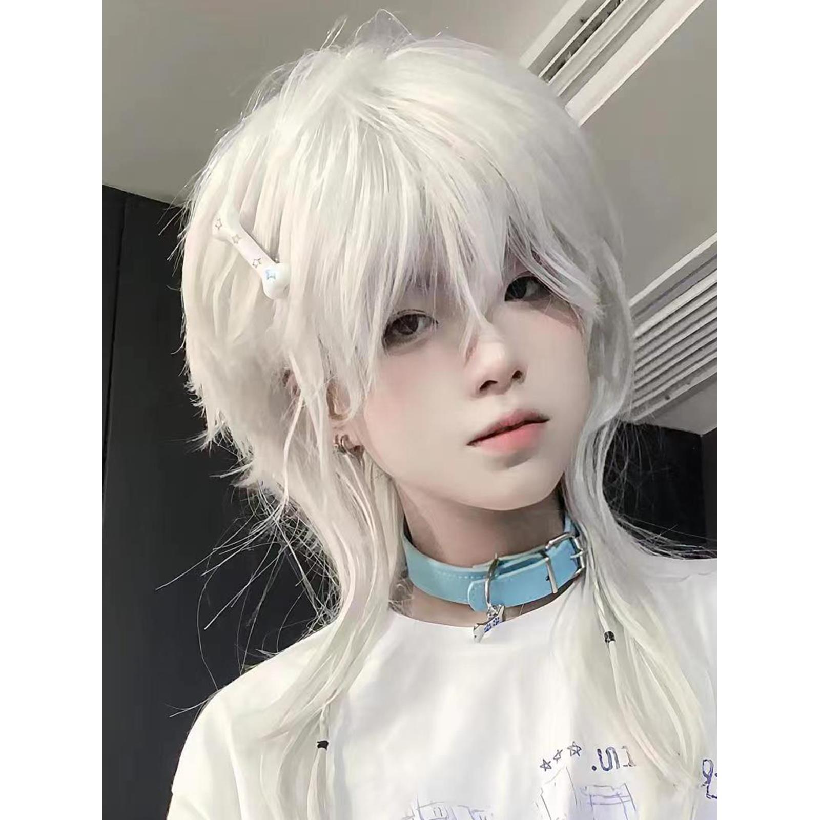 假发男动漫感纯白色新中式拖尾狼尾古风碎盖刘海白毛控万用全头套