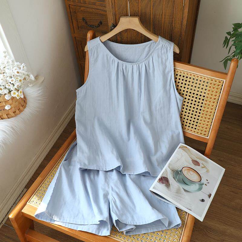 睡衣女夏季薄款纯棉纱布简约休闲 纯色全棉无袖背心短裤家居服套