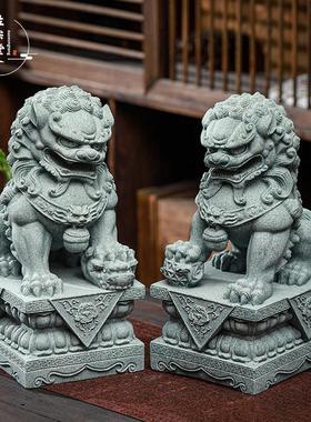 青砂石狮子摆件一对鱼缸造景看门镇宅庭院桌面玄关客厅门口装饰品
