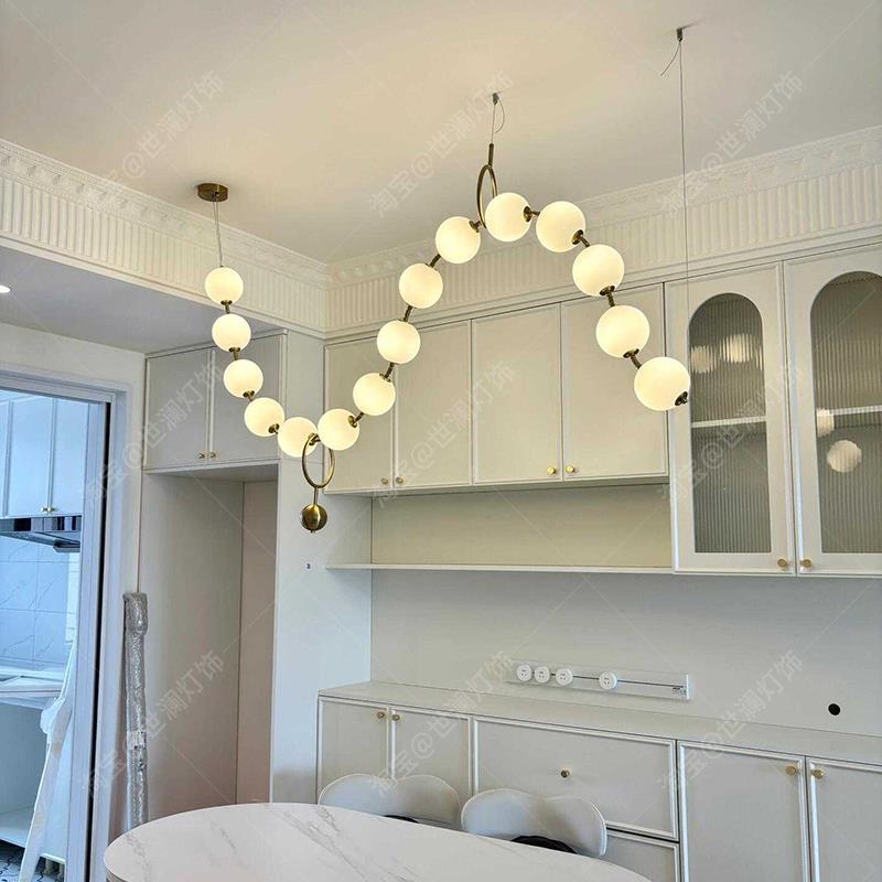 客厅吊灯网红轻奢创意设计师餐桌吧台吊线灯法式珍珠串全铜灯具